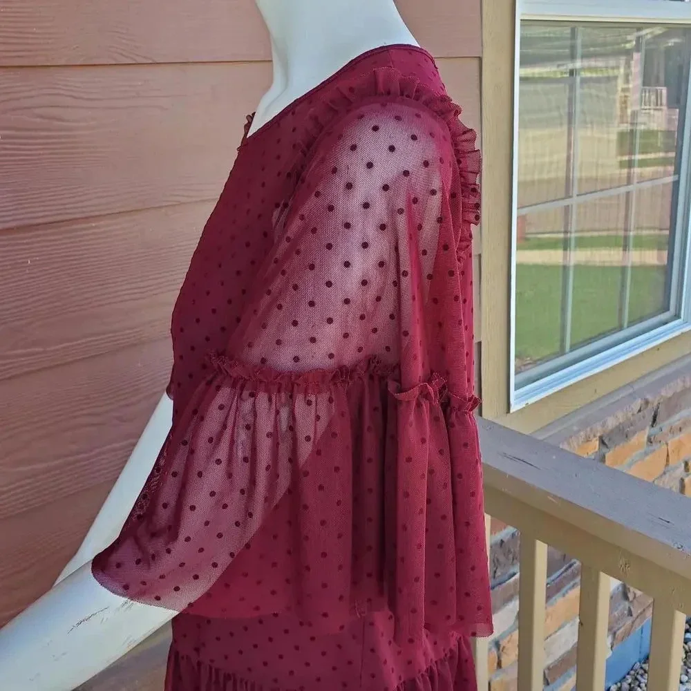 Pleione Sheer Short Sleeve Swiss Dot Blouse - Red - Women's Size Small NWOT